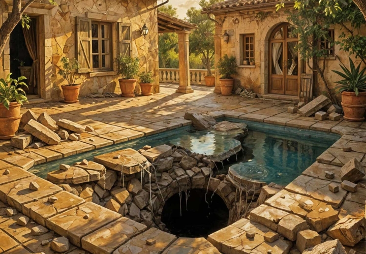 Cracked swimming pool in a cosy villa