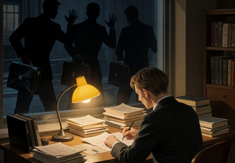 Writer with marketers at the window