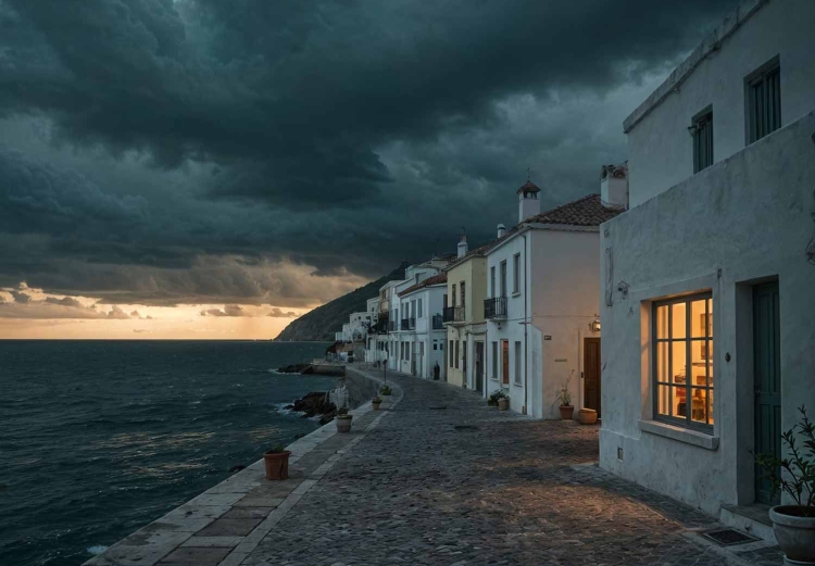 Seafront town with an impending storm