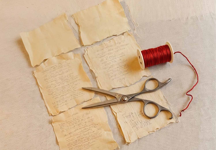 Torn manuscript with scissors and thread