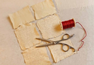 Torn manuscript with scissors and thread