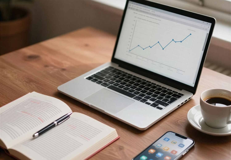 Writers desk with a laptop with a graph on it