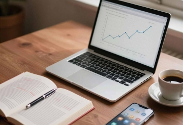 Writers desk with a laptop with a graph on it