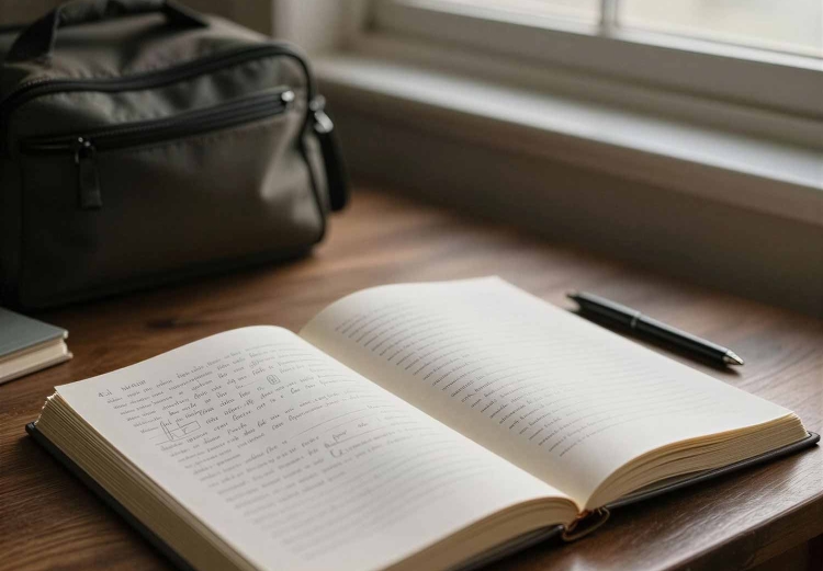 Notebook by a bright window